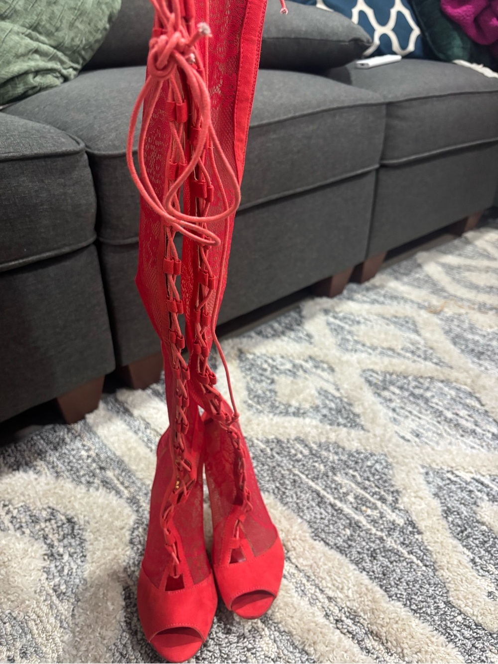 Liliana Red Lace-Up Peep-Toe Over-the-Knee Boots